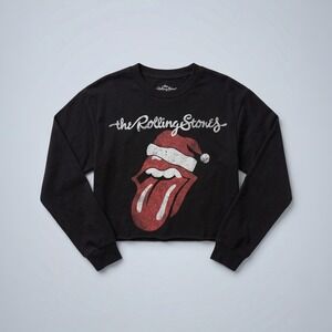 The Rolling Stones Santa Hat Tongue Logo Holiday Crop Sweatshirt Black Medium